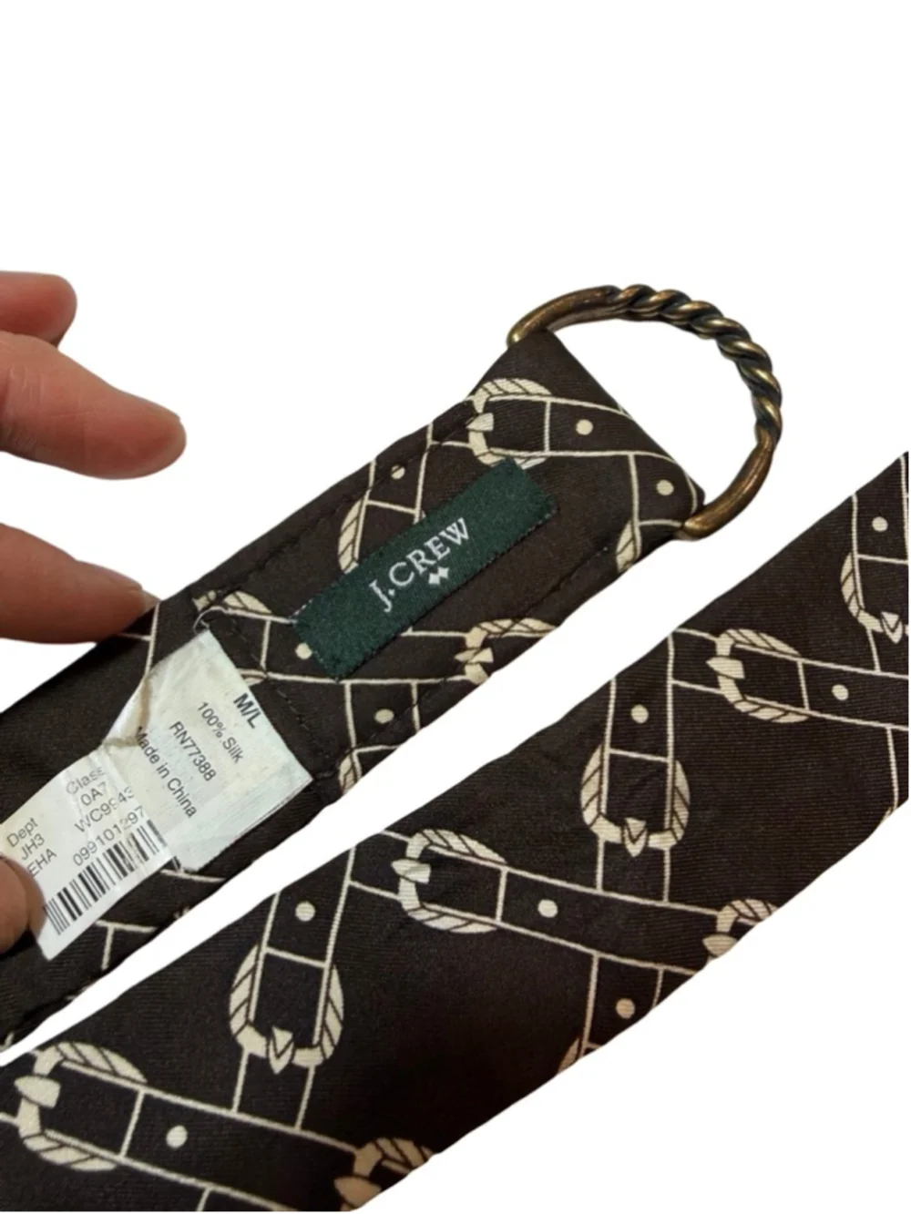 J Crew Silk Tie Brown Equestrian Belt Print D Ring Keeper Classic